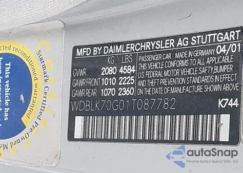 2001 Mercedes-Benz Clk 430 z USA, uszkodzony, nr VIN WDBLK70G01T087782